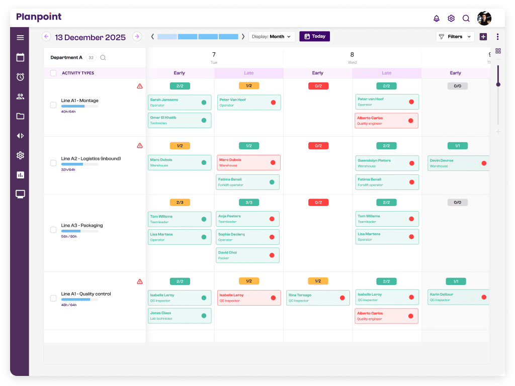 Mockup van een automatisch roulatieschema in Planpoint software voor de industrie, met weergave van shifts, kwalificaties en eerlijke werkverdeling.